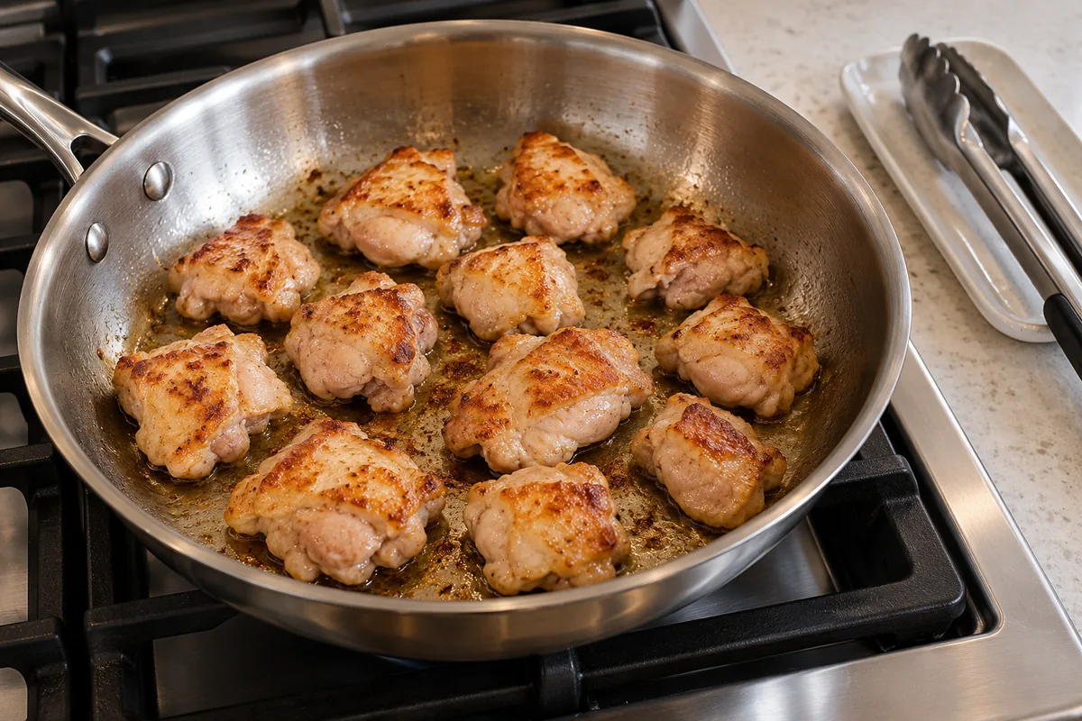 Chicken chunks browning in a single uncrowded layer before sauce is added.