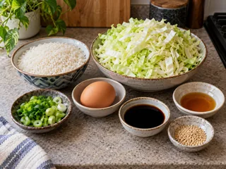 Prepared rice, cabbage, egg, scallions and seasonings