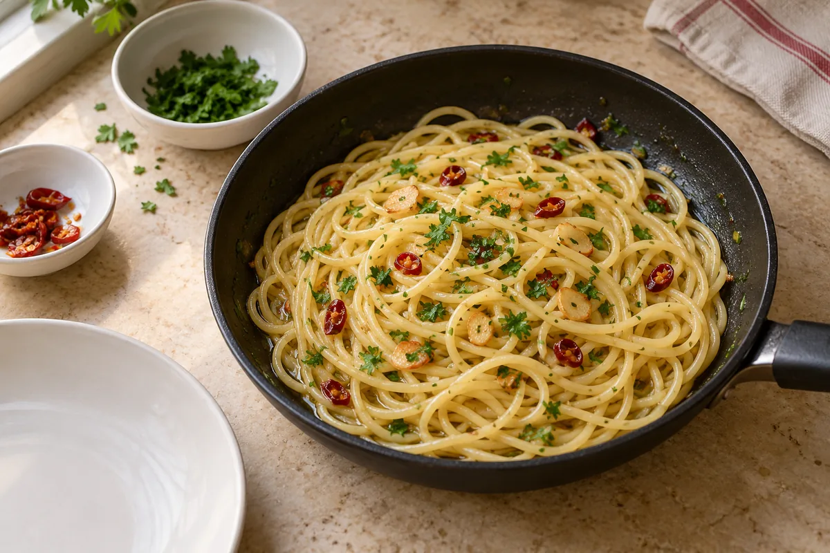 Spaghetti tossed with the garlic, chili, olive oil and parsley in the pan.