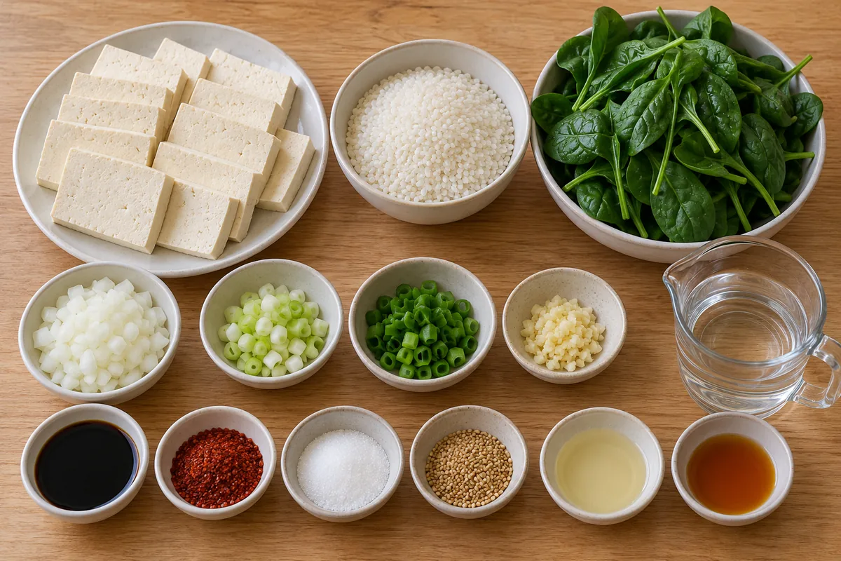 Prepared tofu, rice, spinach, onion, scallions, garlic, soy sauce, chili flakes, sugar, sesame seeds and oils.