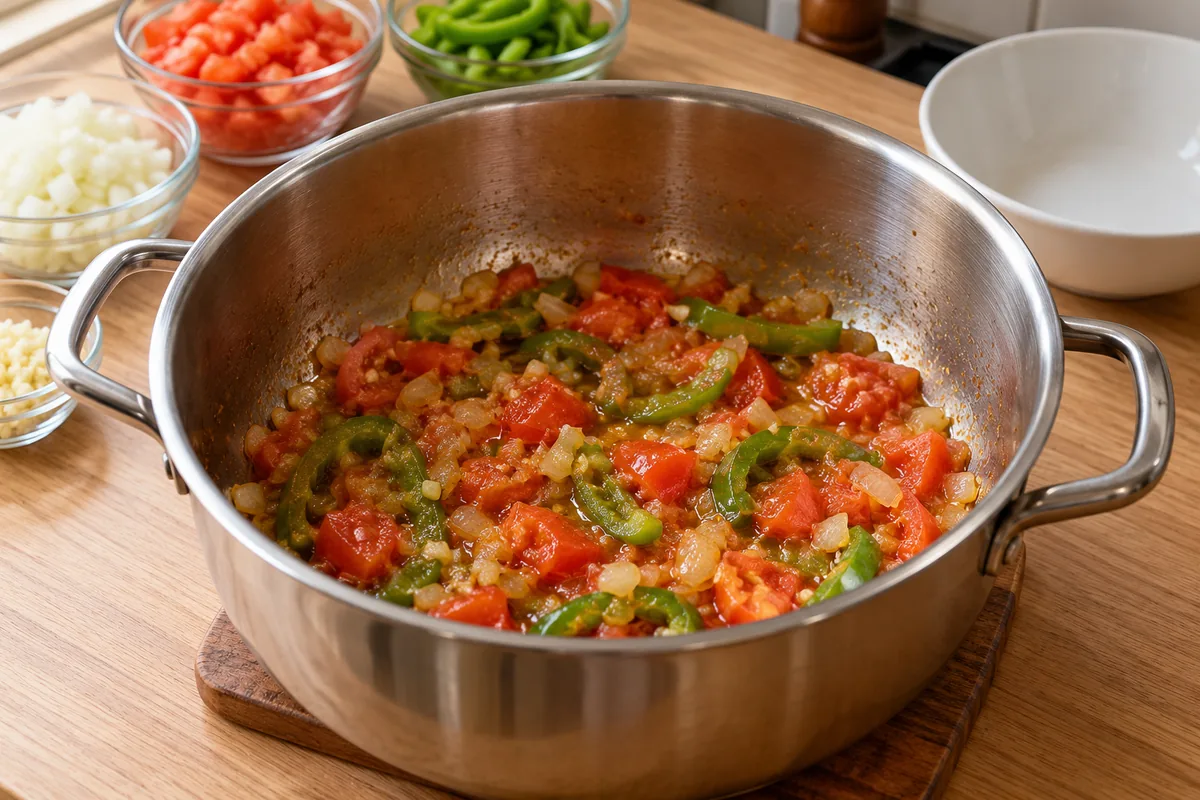 Refogado de cebola, alho, tomate e pimentão verde amolecidos no fundo da panela de inox.