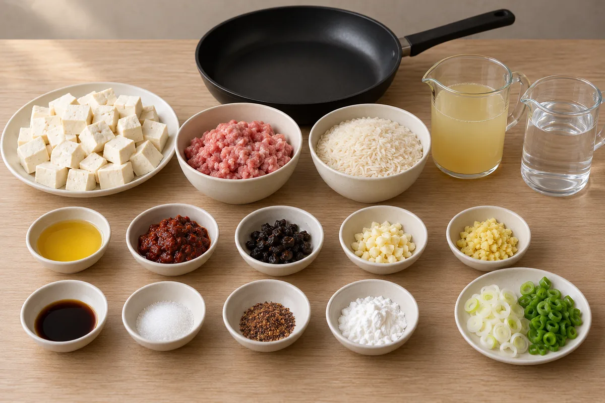 Prepared tofu, ground pork, uncooked rice, stock, water, oil, chili bean paste, fermented black beans, garlic, ginger, soy sauce, sugar, Sichuan pepper, cornstarch and sliced scallions.