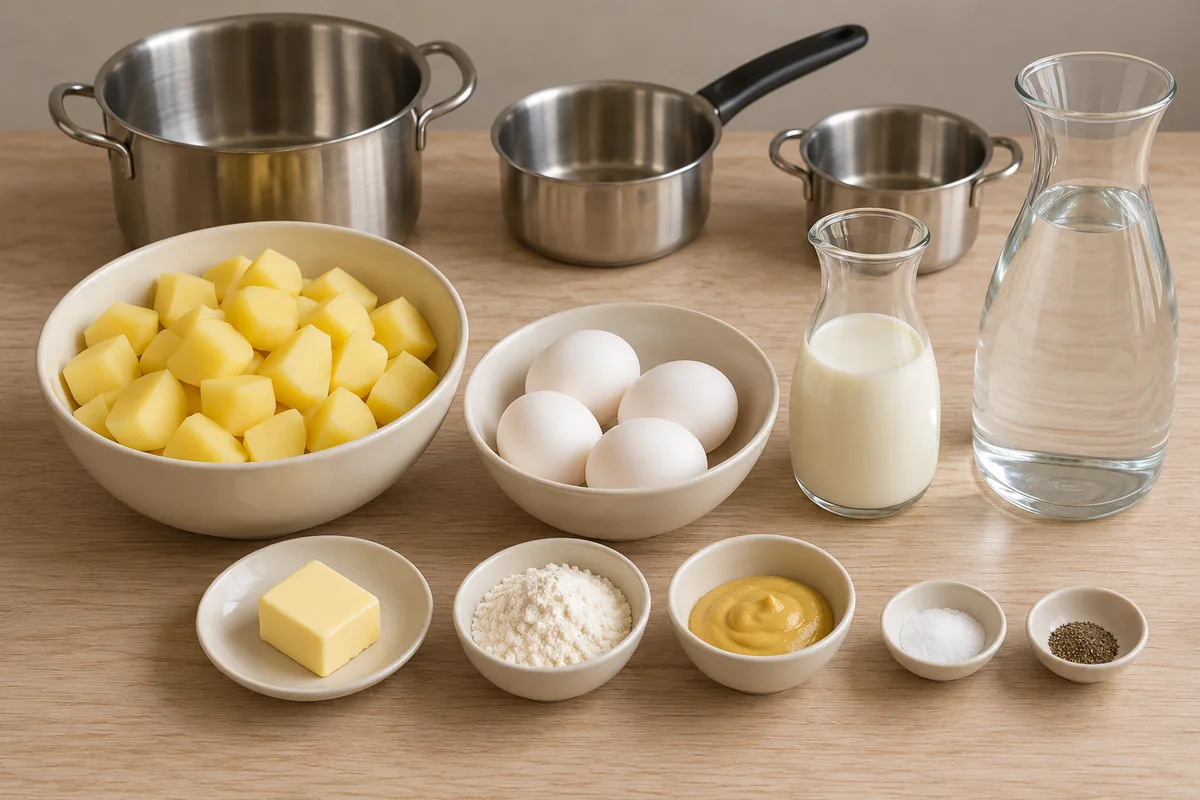 Prepared potato chunks, four eggs, milk, butter, flour, smooth mustard, salt, pepper and cooking water arranged on a pale oak table.