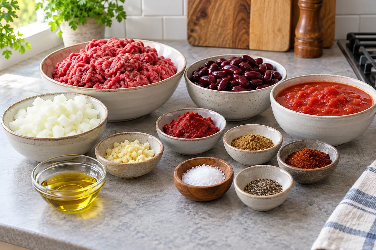 Prepared beef, beans, onion, garlic, tomatoes and spices ready for chili