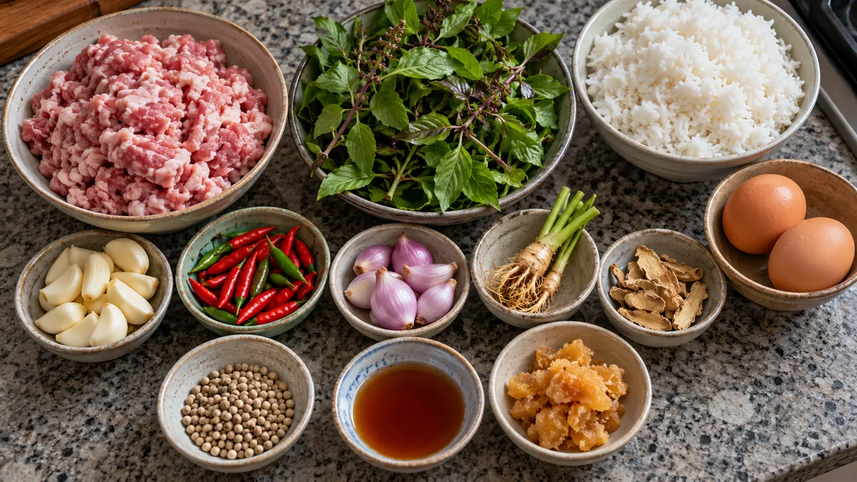 Prepared ingredients for Thai pad kra pao with rice, holy basil, chilies, pork, and eggs