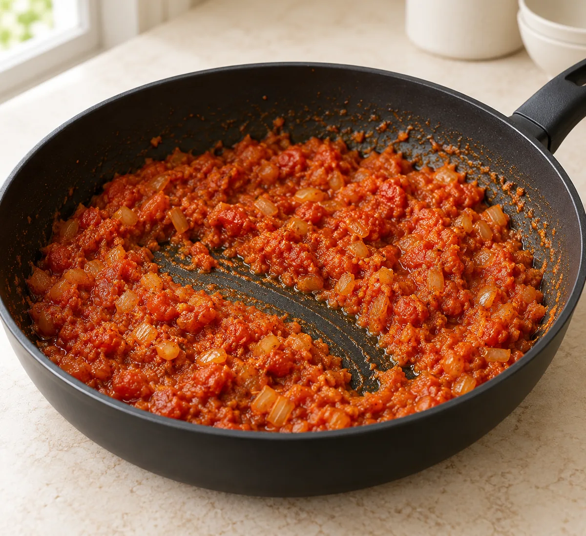 Thick red tomato-onion spice base with a clear trail across the black pan bottom.