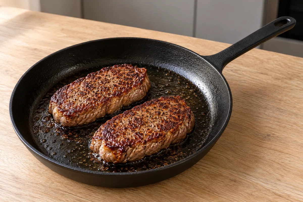 Two whole pan-seared steaks with deeply browned crusts in a black cast-iron frying pan.