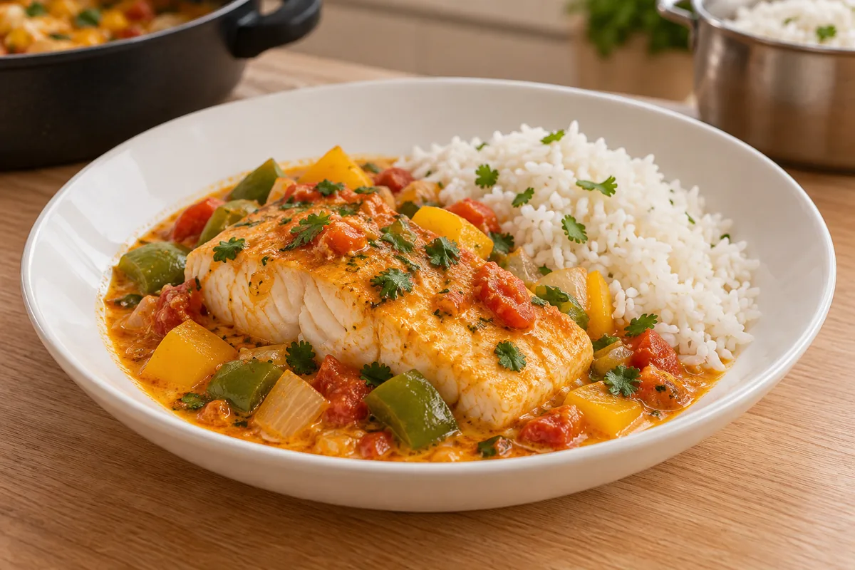 Uma porção de moqueca de robalo com molho alaranjado, pimentões, tomate, cebola e coentro, acompanhada de arroz branco no mesmo prato.