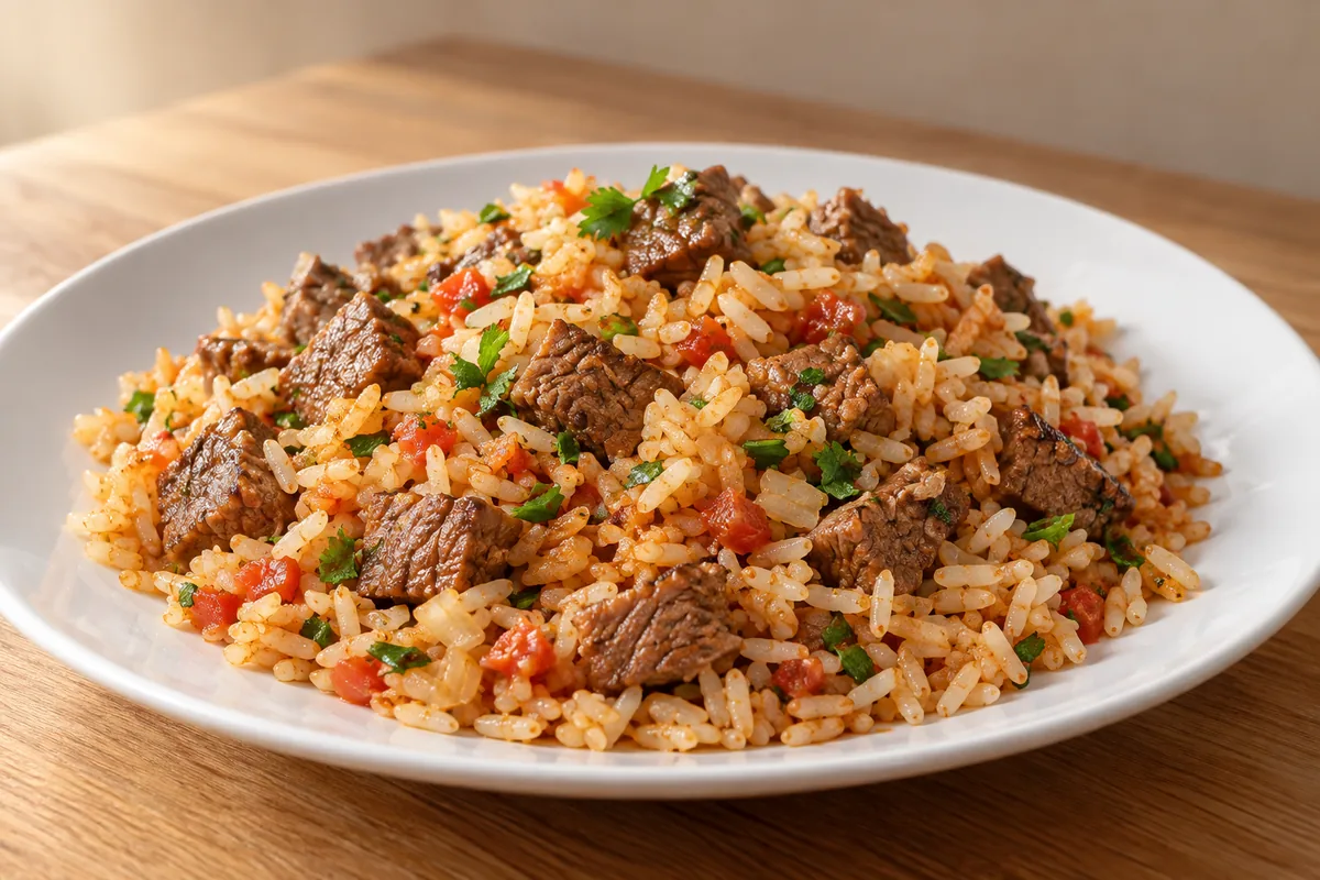Uma porção de arroz carreteiro com cubos de alcatra, tomate, cebola e cheiro-verde em prato branco.