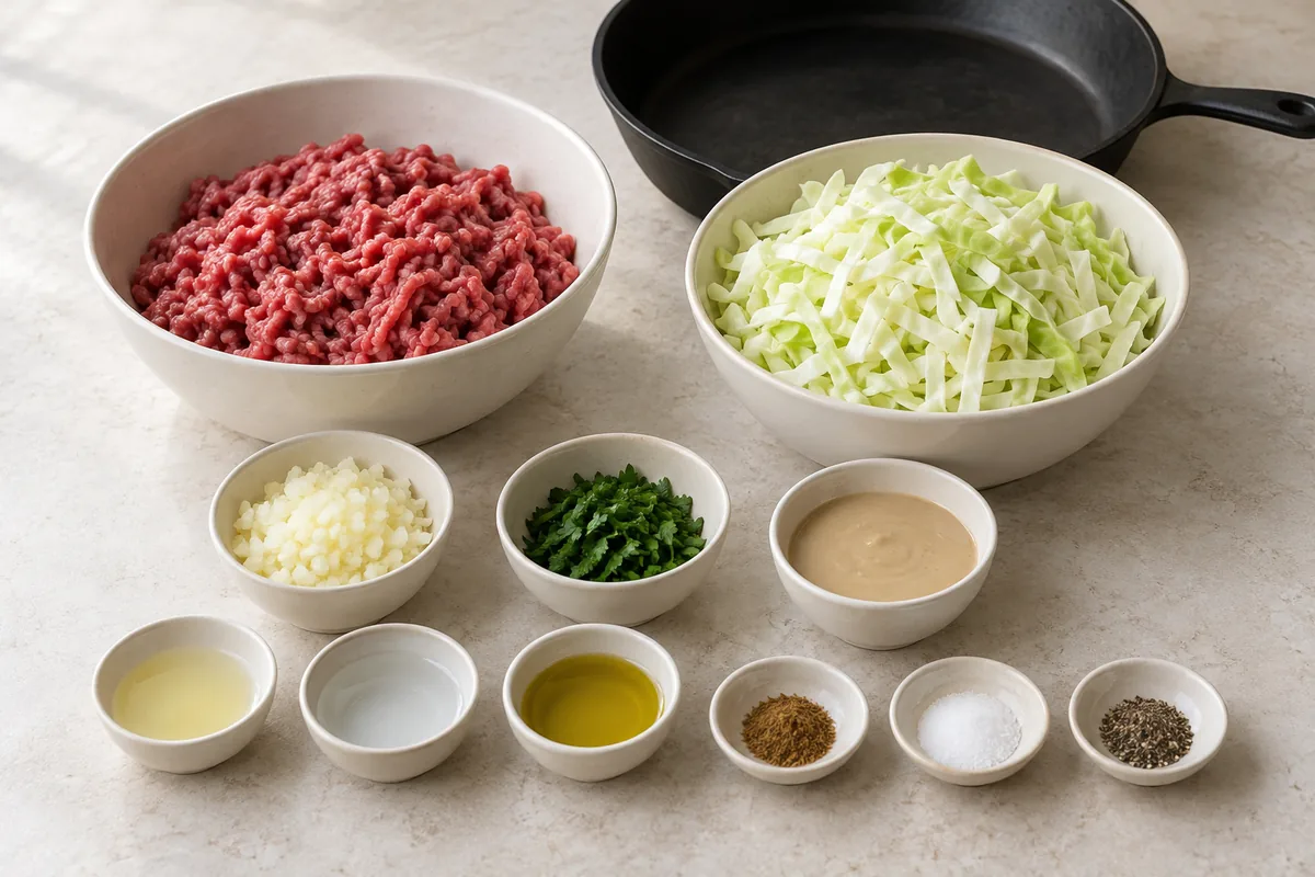 Prepared ground beef, cabbage ribbons, minced onion, chopped parsley, tahini, lemon juice, water, olive oil, seven spice, salt and pepper in ivory bowls beside a black skillet.