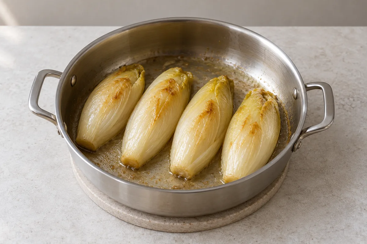 Four tender, lightly golden whole endives in a stainless steel pan with a shallow buttery sheen after braising.