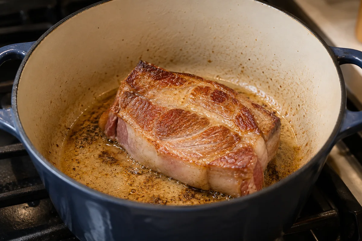 Browning pork for the ramen topping and broth base