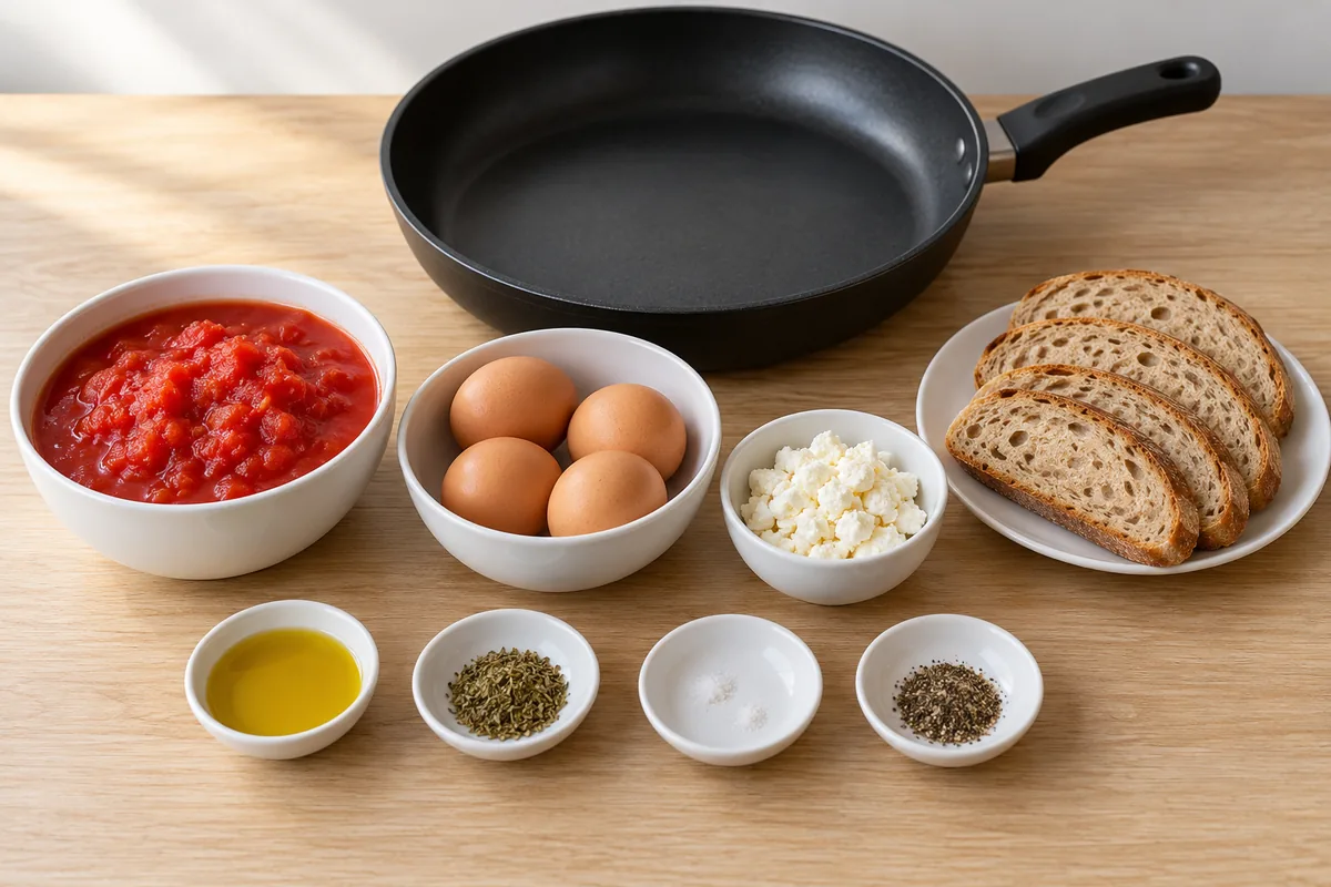 Prepared ingredients for two servings: chopped canned tomatoes, four eggs, crumbled feta, sliced bread, olive oil, dried oregano, salt and black pepper.