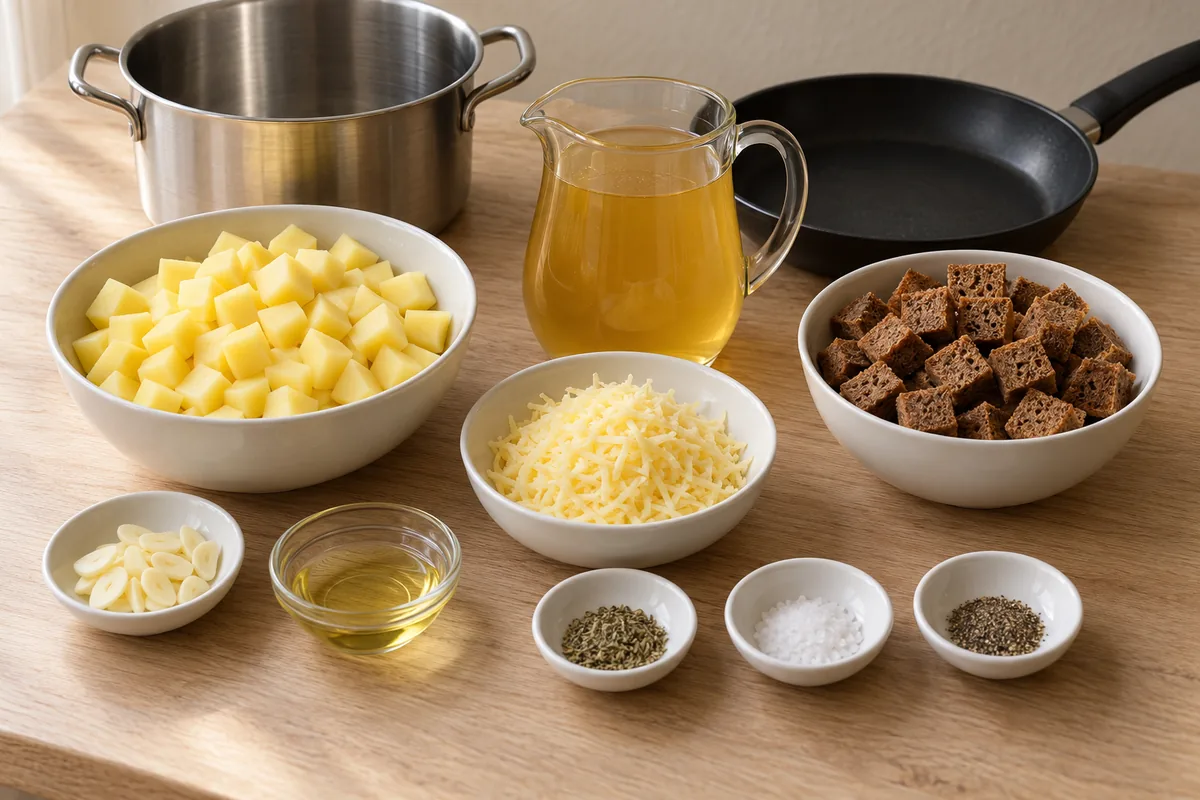 Prepared potato cubes, sliced garlic, vegetable stock, oil, rye bread cubes, grated Gouda, dried marjoram, salt and pepper arranged on an oak table.