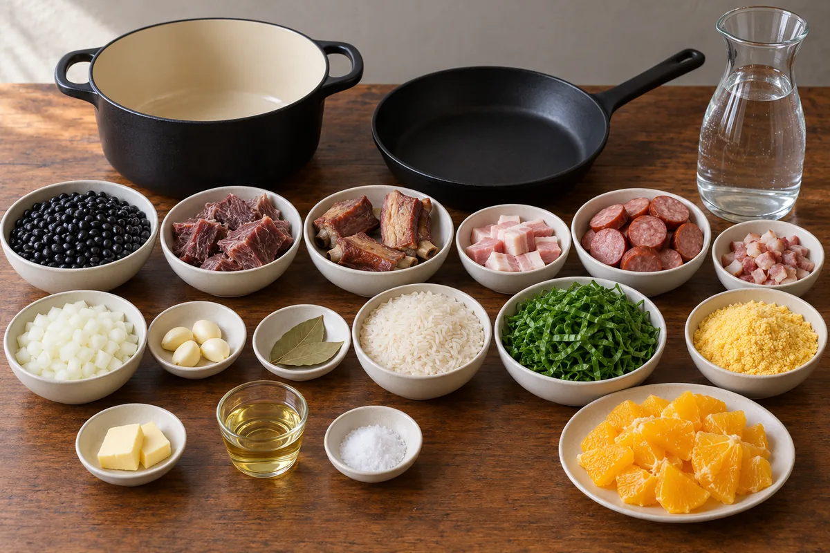 Ingredientes separados em recipientes: feijão-preto, carne-seca, costelinha, toucinho, calabresa, bacon, cebola, alho, louro, arroz, couve, farinha de milho, manteiga, óleo, sal, água e laranja.