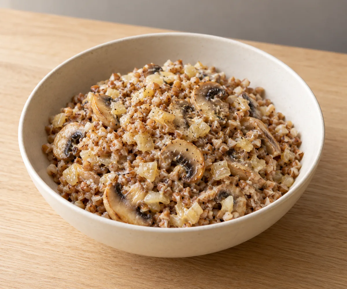 One ivory bowl of cooked buckwheat with browned sliced mushrooms, golden onion and a light sour cream coating.