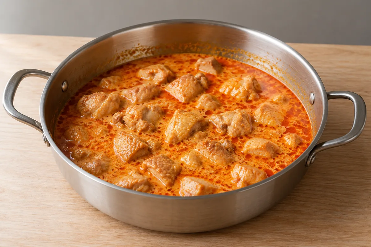 Chicken pieces simmering in orange-red coconut curry before the squash is added.