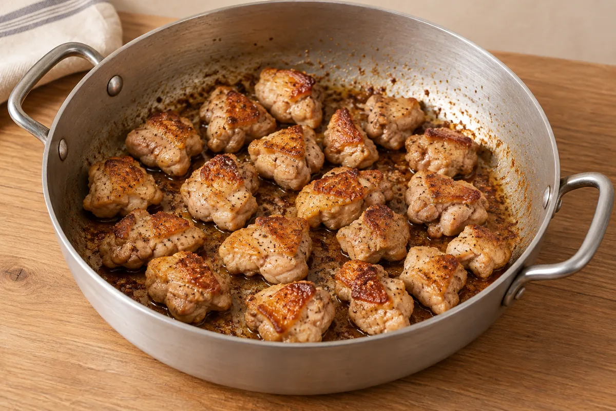 Cubos de sobrecoxa dourados na panela de alumínio, com resíduos de fritura no fundo.
