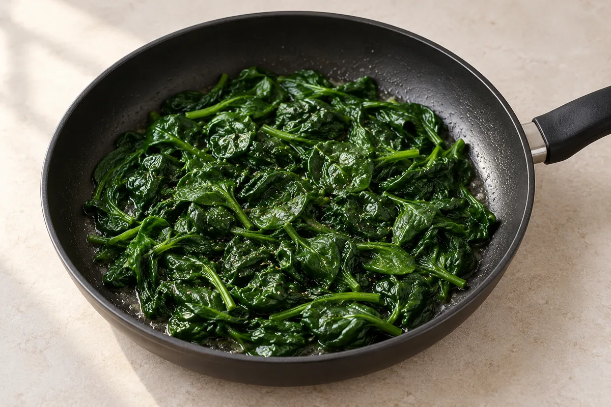 Whole spinach leaves wilted in butter with salt and pepper in a black frying pan.