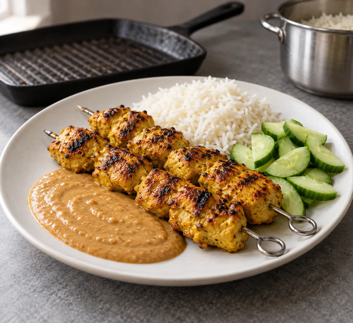 One plate of golden chicken skewers with white rice, sliced cucumber and peanut sauce.