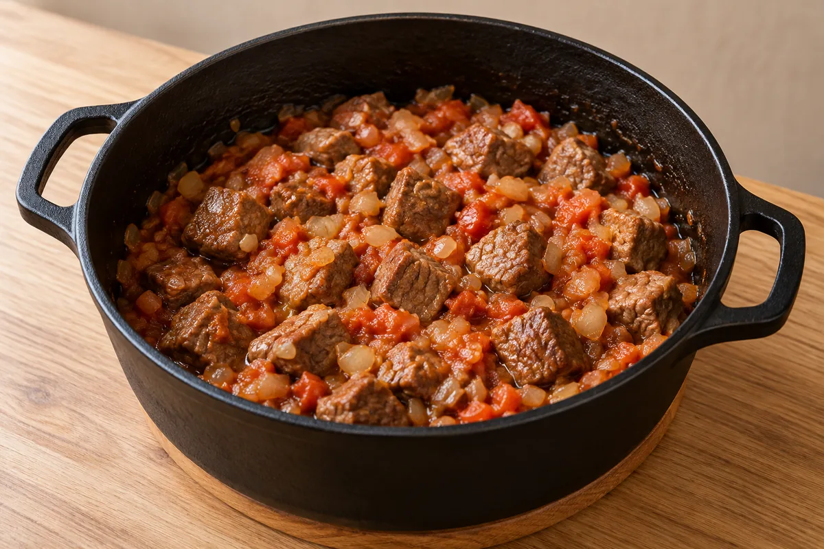 Alcatra envolvida no refogado espesso de cebola, alho e tomate, antes de acrescentar o arroz.