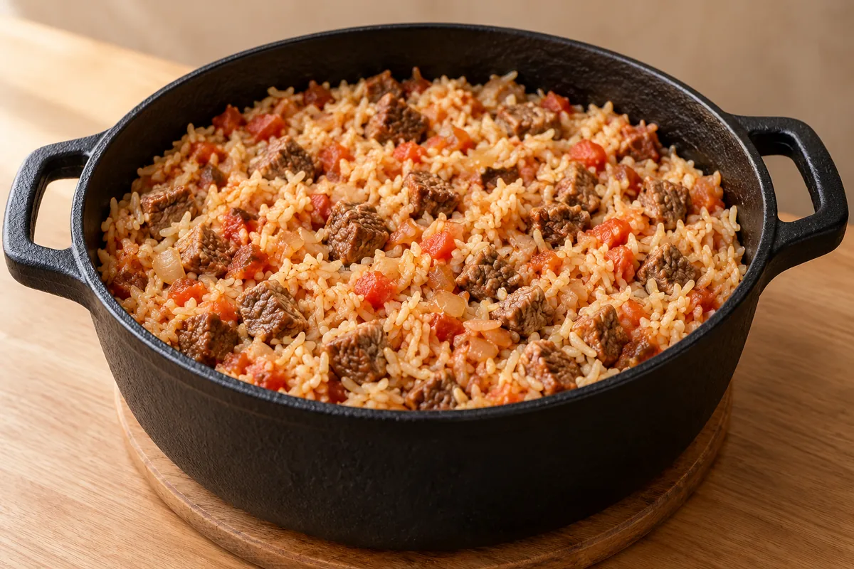 Arroz carreteiro cozido na panela, com cubos de carne e tomate, ainda sem o cheiro-verde.
