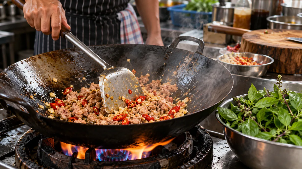 Ground pork stir-fried with chilies and garlic in a hot wok before holy basil is added