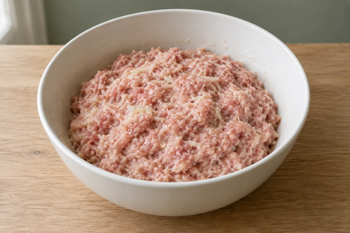 Sticky pale pink raw pork mixture with finely grated onion and pepper in a white ceramic bowl.