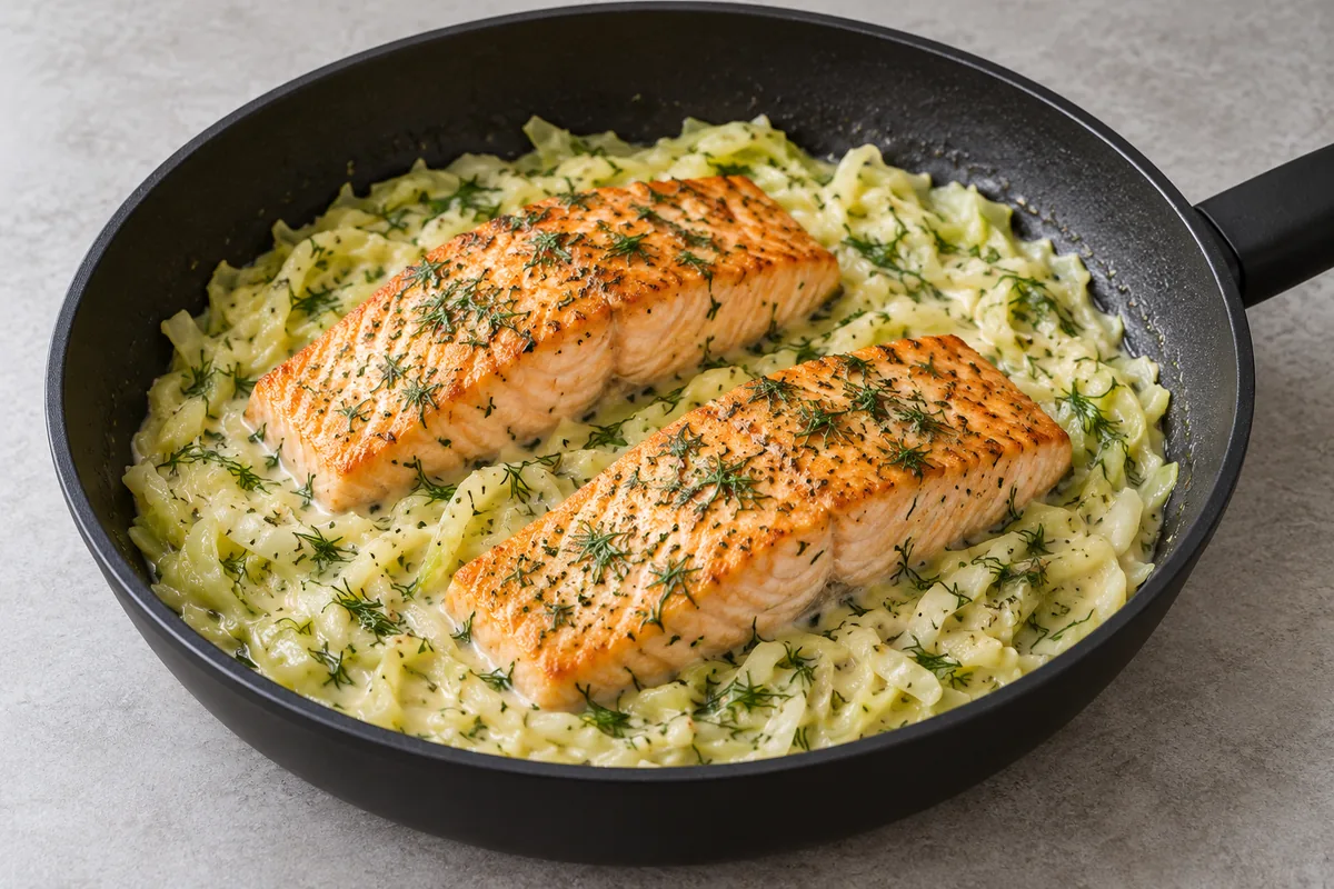 Two golden salmon fillets over creamy sliced cabbage with finely chopped dill in a black frying pan.