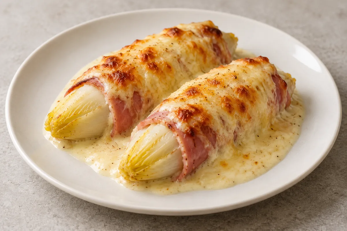 Two whole ham-wrapped endives on one white plate, covered with golden melted cheese and creamy sauce.