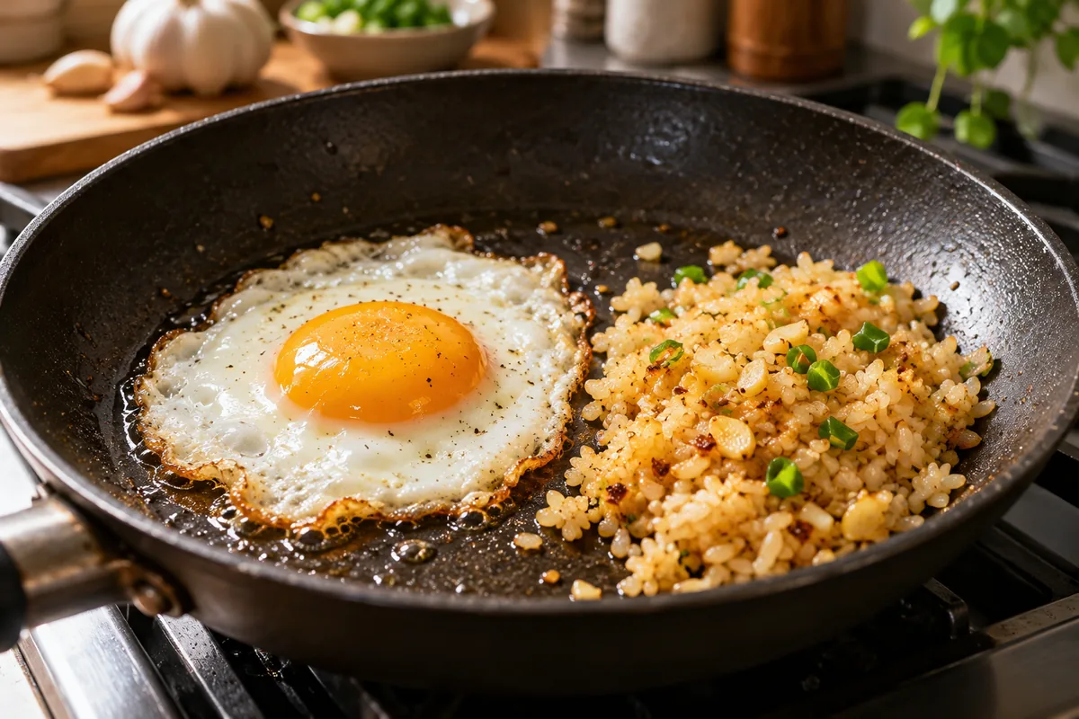 Frying the sunny-side-up egg to serve with the garlic rice
