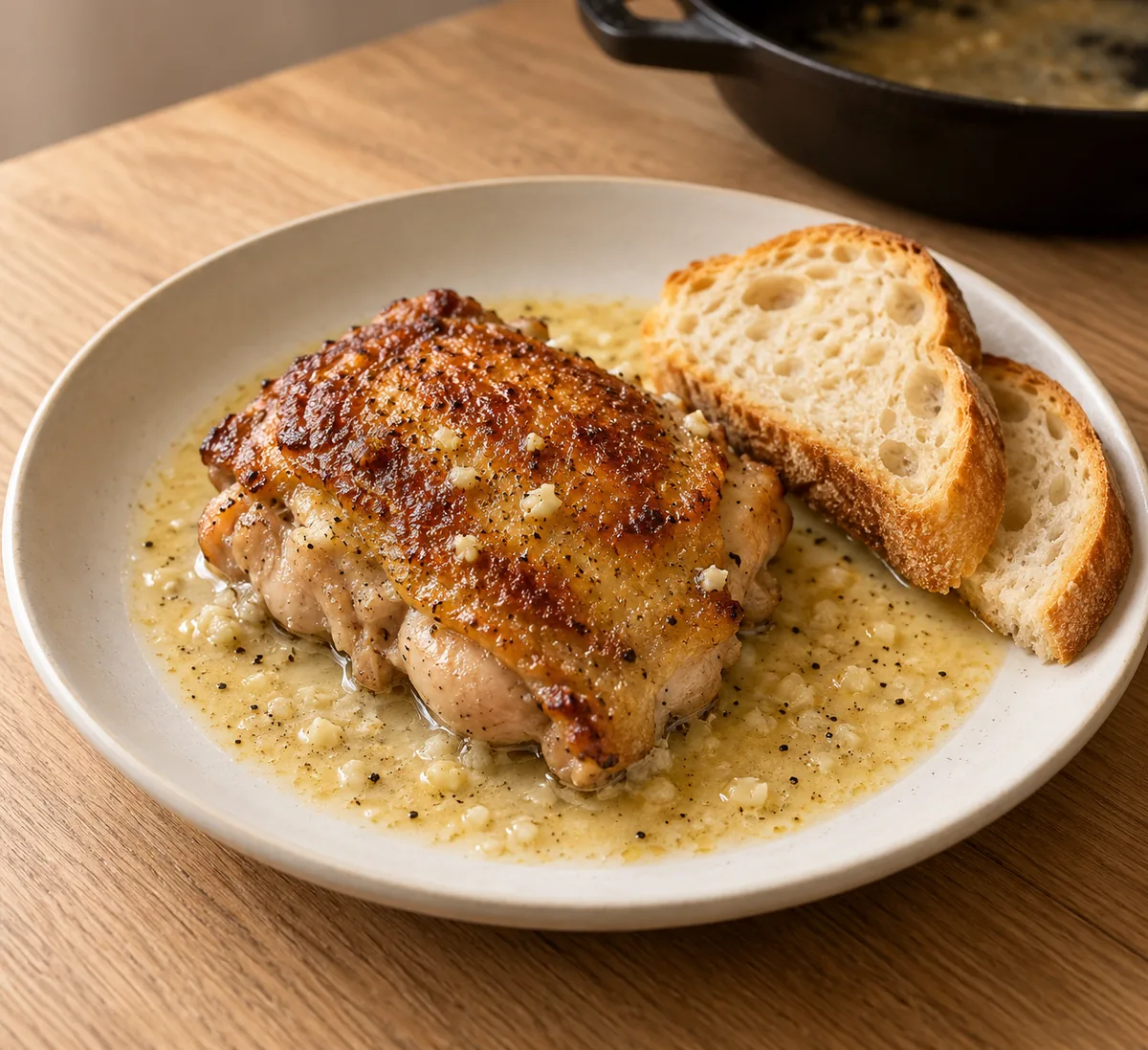 One golden chicken thigh in pale garlic milk sauce with two slices of crusty bread on a single ivory plate.