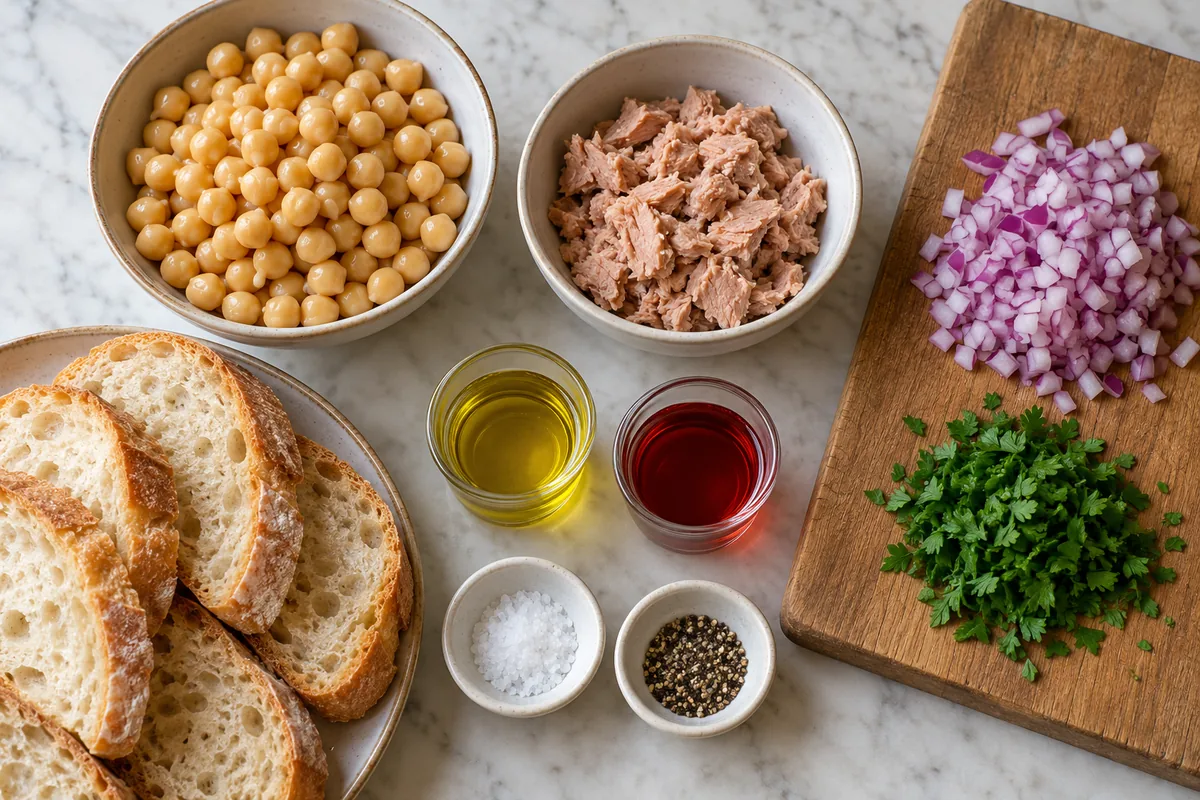 Prepared chickpeas, drained canned tuna, diced red onion, chopped parsley, olive oil, vinegar, salt, pepper and bread.