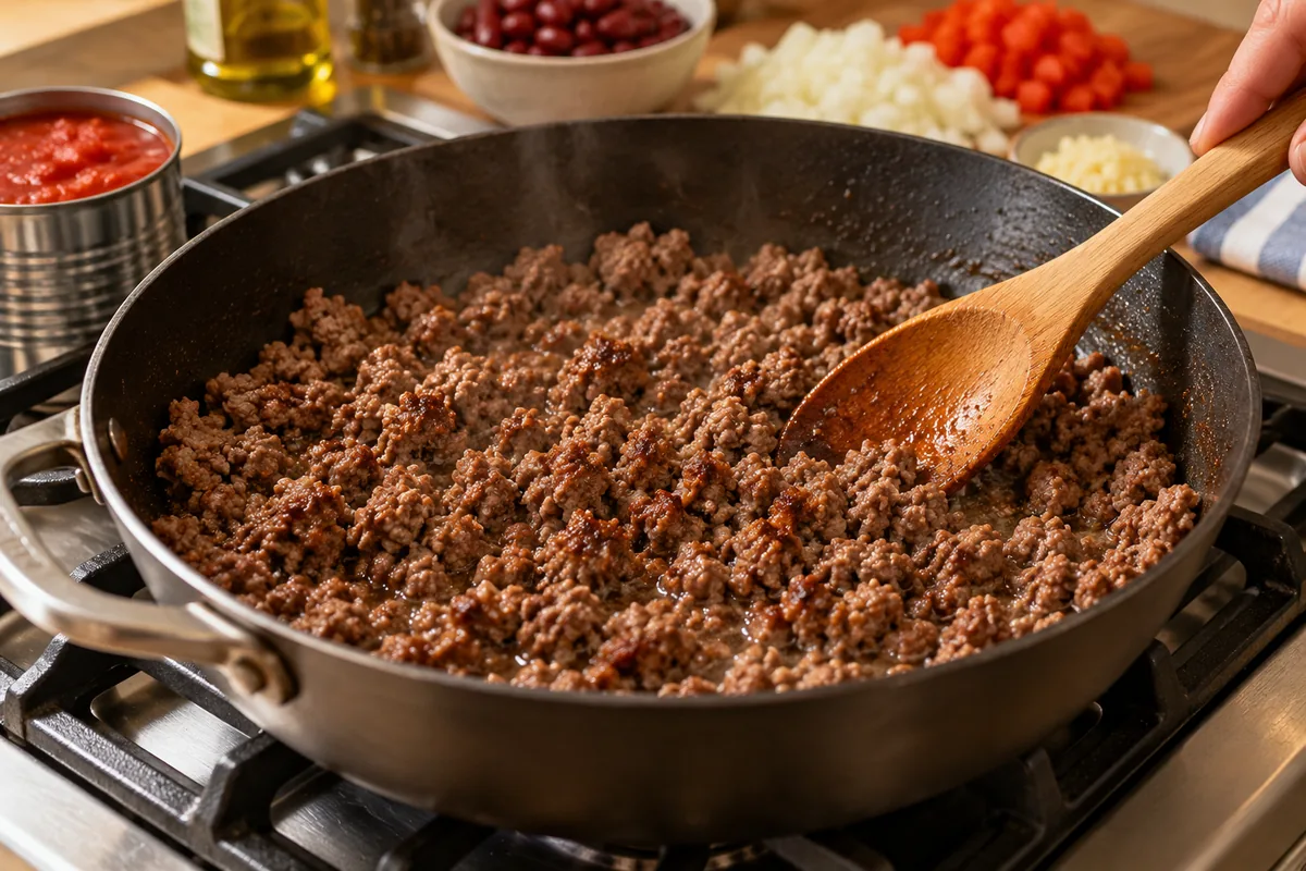 Ground beef browning in a skillet, step 1