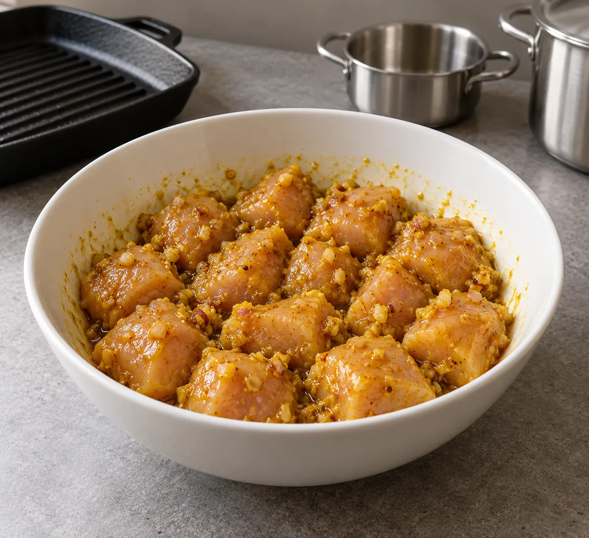Raw chicken cubes coated in a golden aromatic marinade in a white bowl.