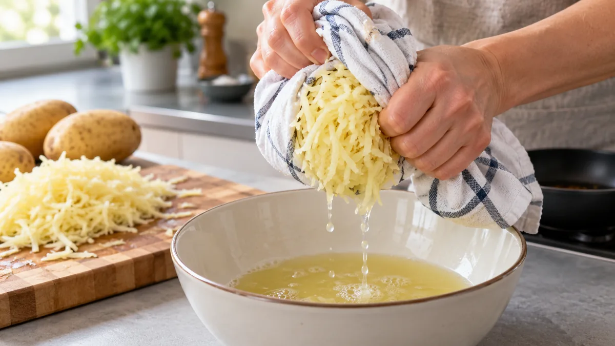 Grated potatoes being squeezed dry in a clean towel for rösti