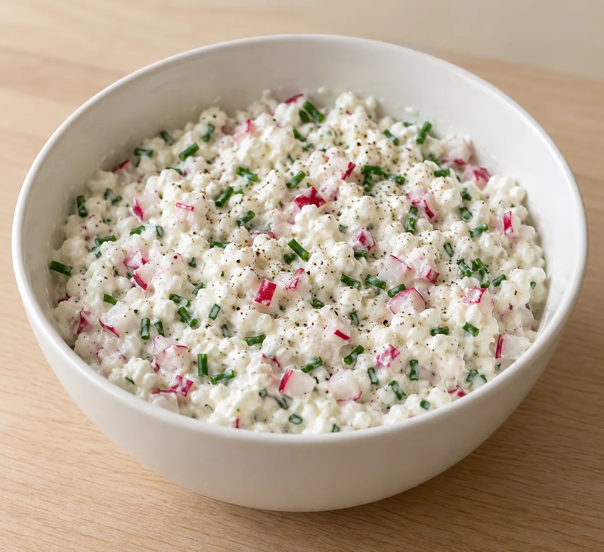 Cottage cheese and sour cream mixed with finely diced radishes, chopped chives and black pepper in a white bowl.