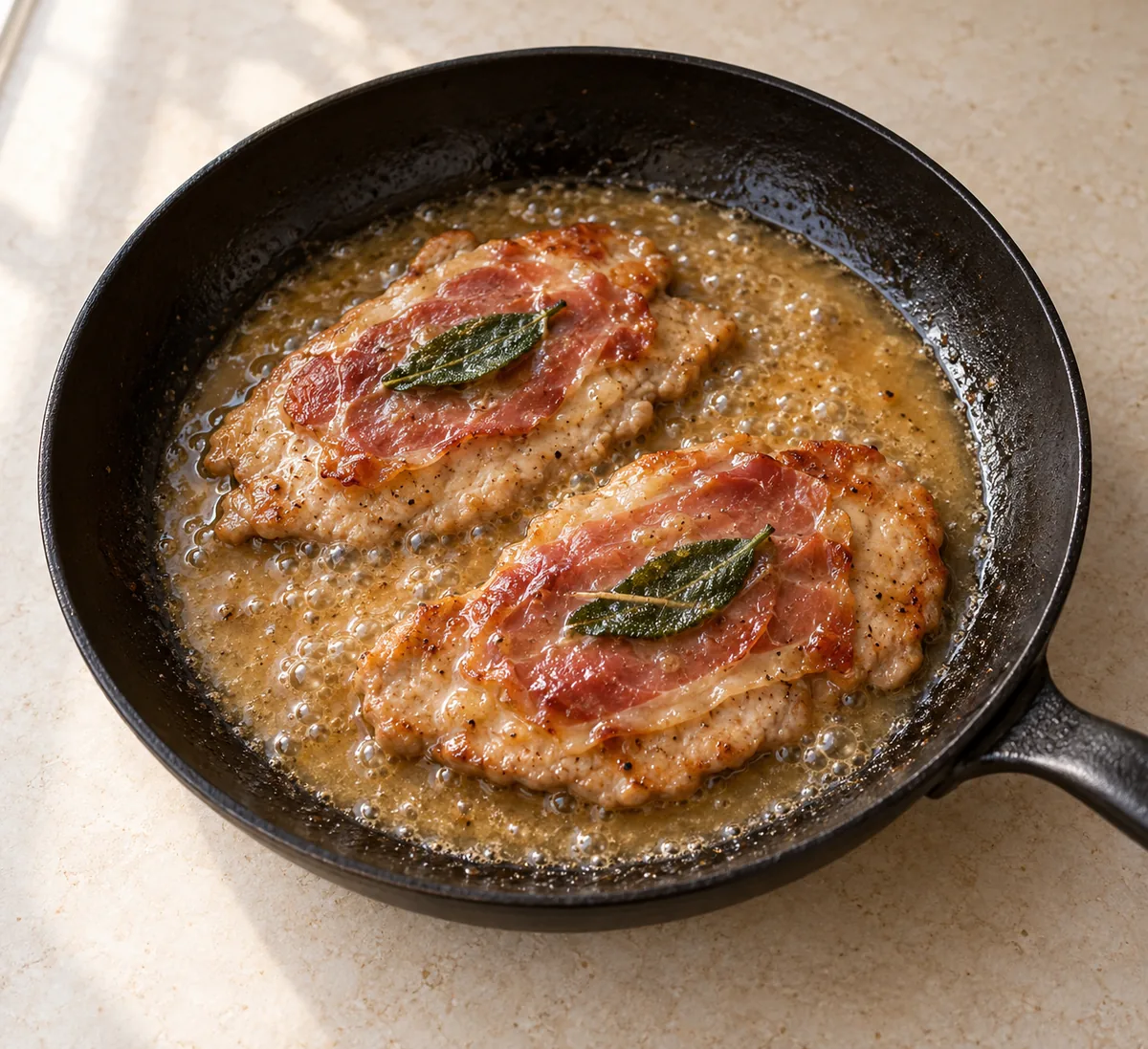 The same two cutlets with glossy white-wine pan sauce bubbling around them.