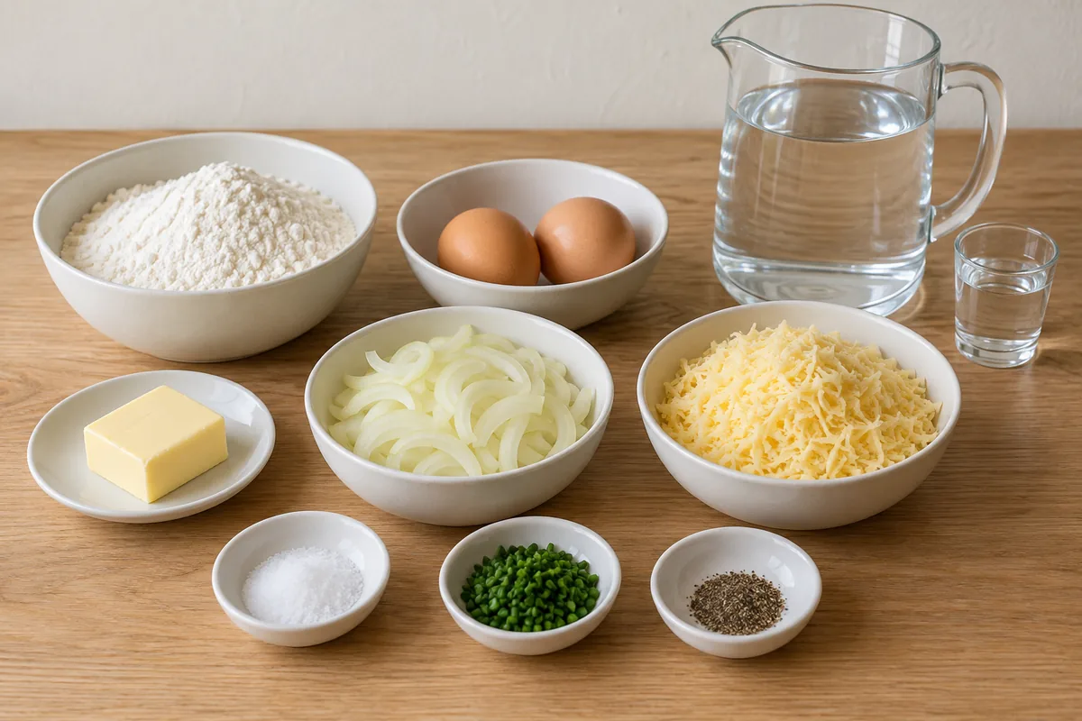 Flour, two eggs, water, butter, sliced onions, grated cheese, salt, chopped chives and black pepper arranged in white dishes on an oak tabletop.