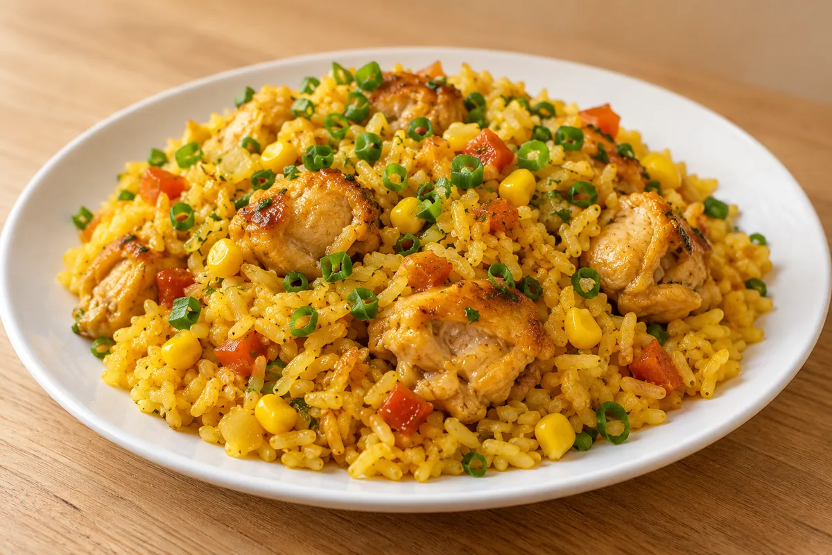 Uma porção de galinhada com arroz amarelo, frango dourado, milho e cebolinha em prato branco.