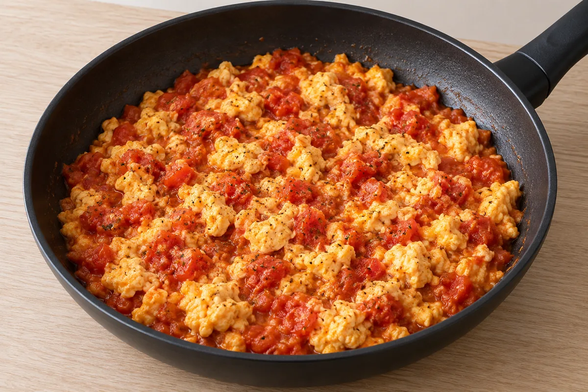 Moist, fully set scrambled egg curds folded into the reduced tomatoes before the feta is added.