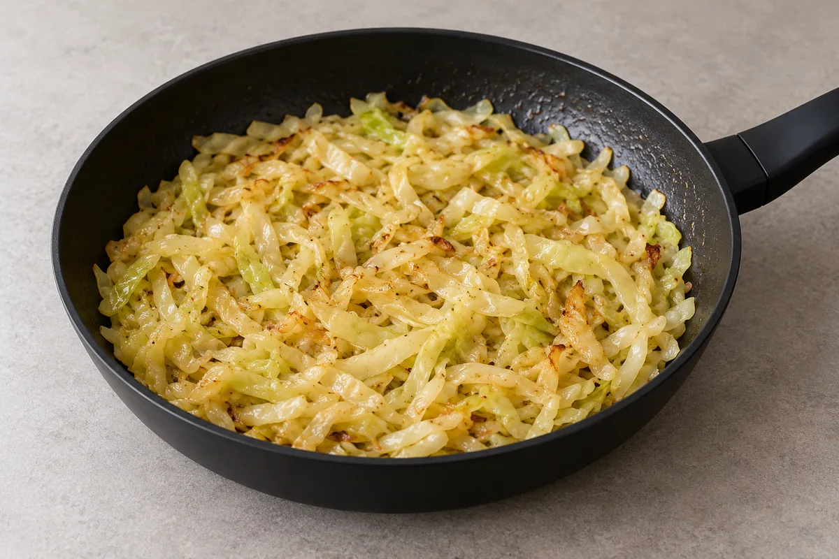 Wilted cabbage ribbons with lightly golden edges in a black frying pan before the cream is added.