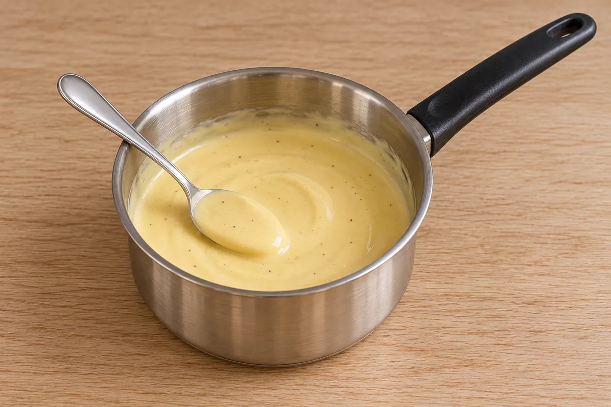 Smooth pale yellow mustard sauce coating a spoon in a brushed stainless steel saucepan with a black handle.