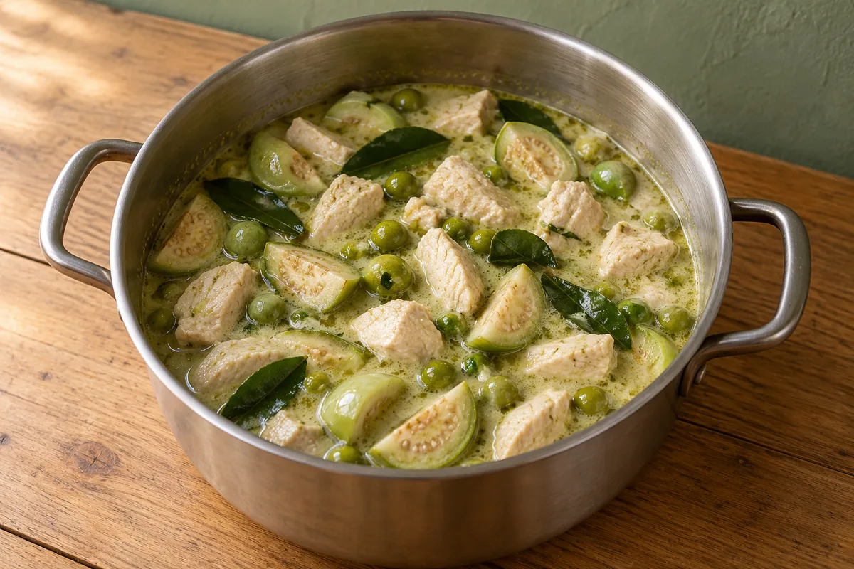 Cooked chicken and Thai eggplants simmering with makrut lime leaves in coconut curry.