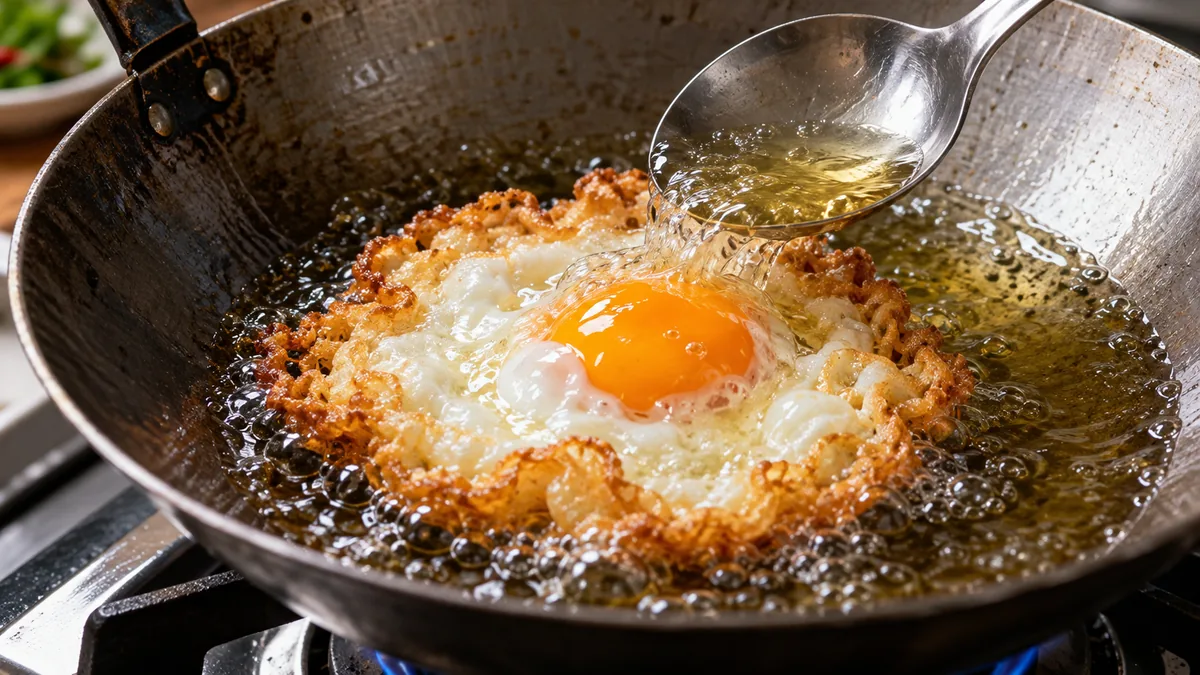 Thai fried egg with crisp lacy edges cooking in hot oil