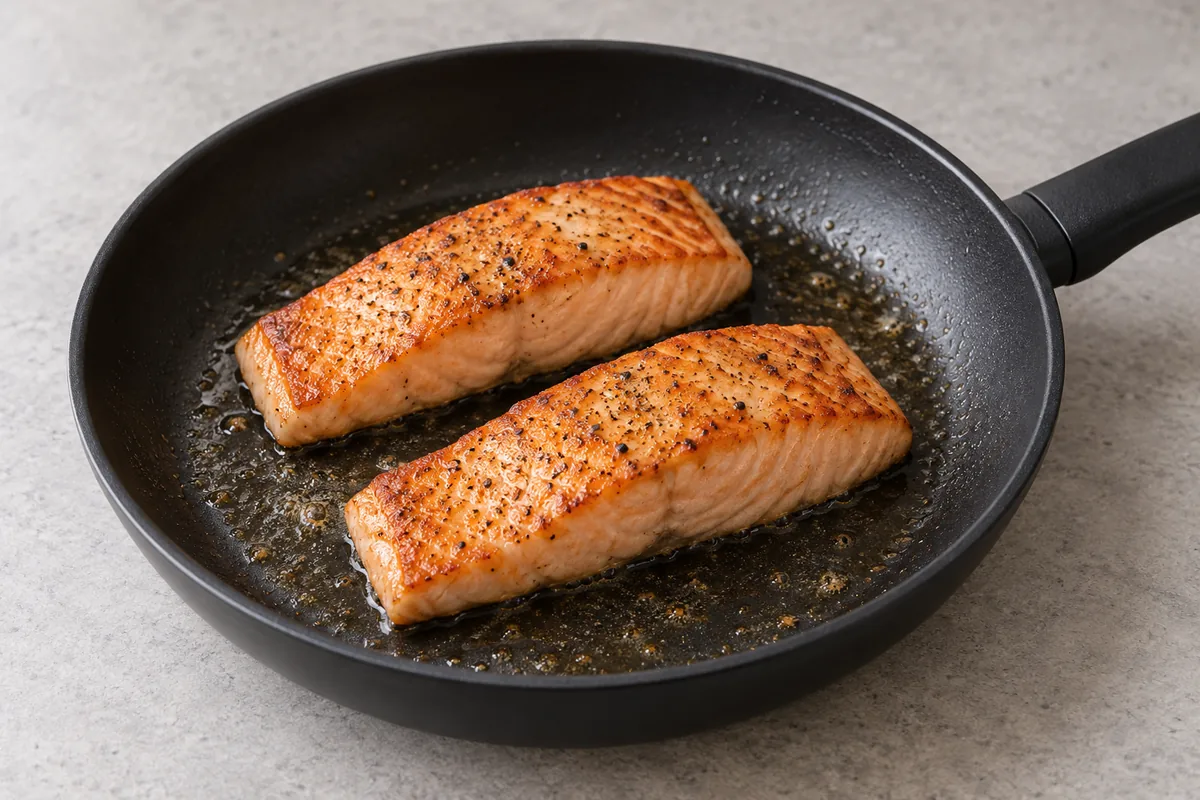 Two browned salmon fillets with opaque sides in a lightly buttered black frying pan before removal.