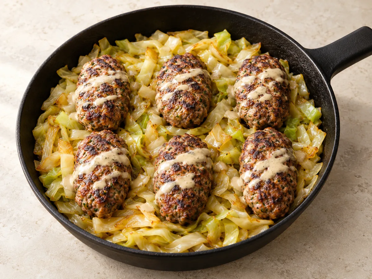 Six browned beef kafta arranged over golden cabbage with a beige tahini drizzle in a black skillet.