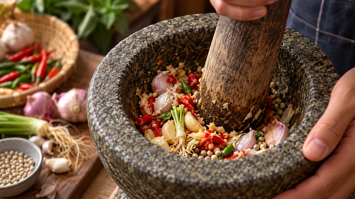 Fresh garlic, Thai chilies, coriander root, and shallot pounded in a mortar