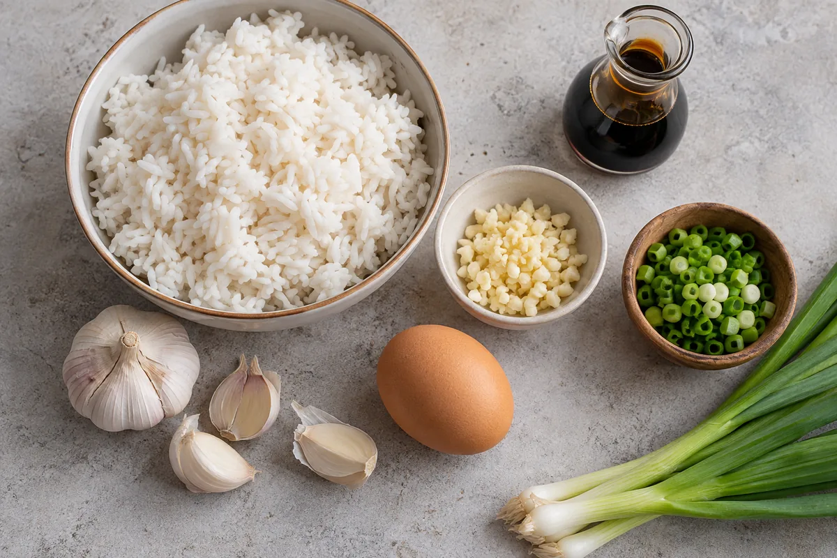 Prepared rice, egg, garlic, scallions, and soy sauce for the recipe