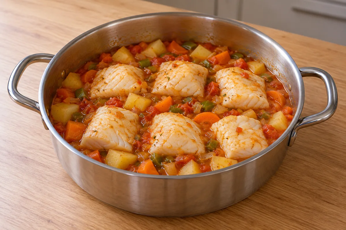 Seis pedaços de tilápia já cozida e opaca sobre os legumes no caldo, antes de acrescentar os ovos e o coentro.